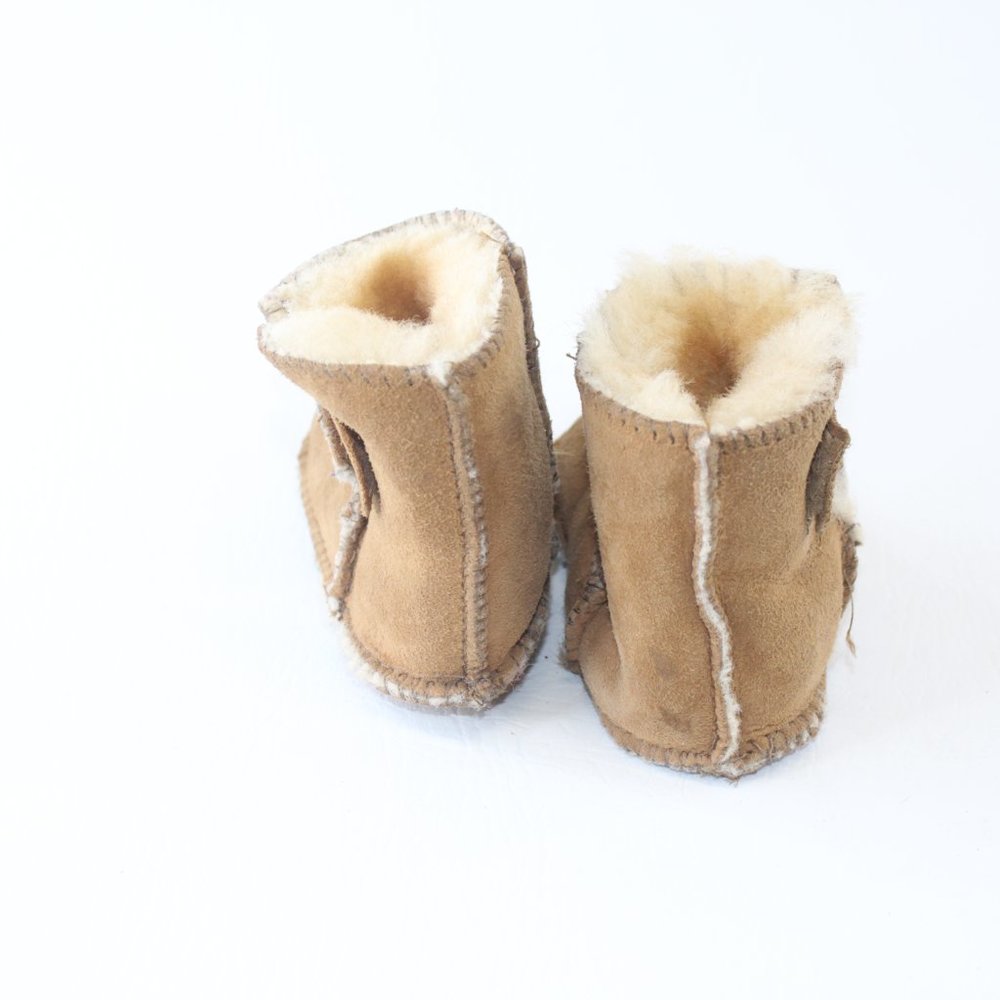 Minnetonka Moccasins Shearling Brown Suede Baby Toddler Slippers Shoes #128 - Picture 4 of 6